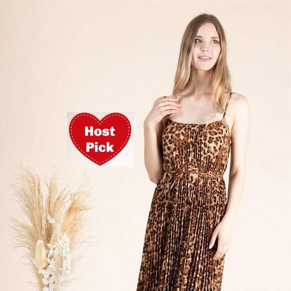 Spaghetti Strap Leopard Print Pleated Maxi - Picture 1 of 8